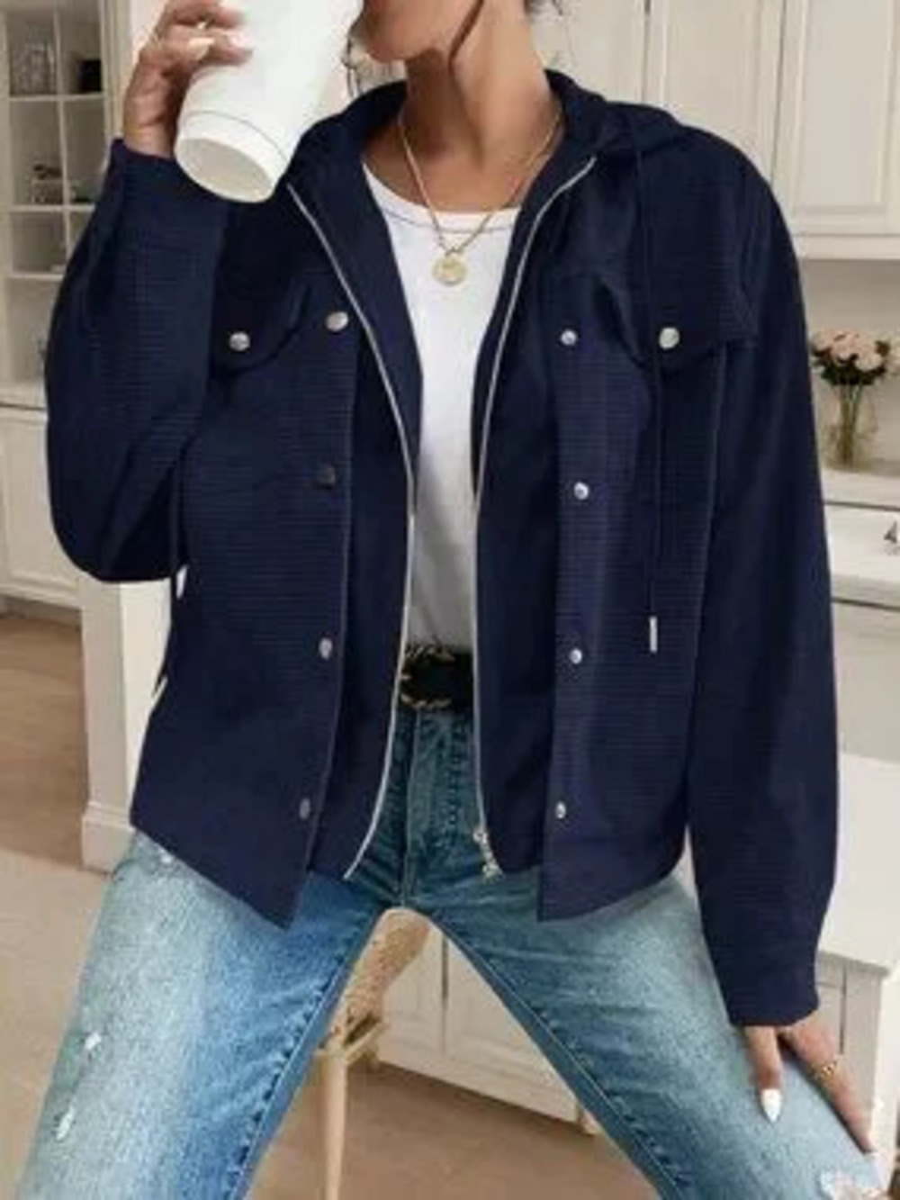 Navy Blue Casual Women's Hooded Jacket